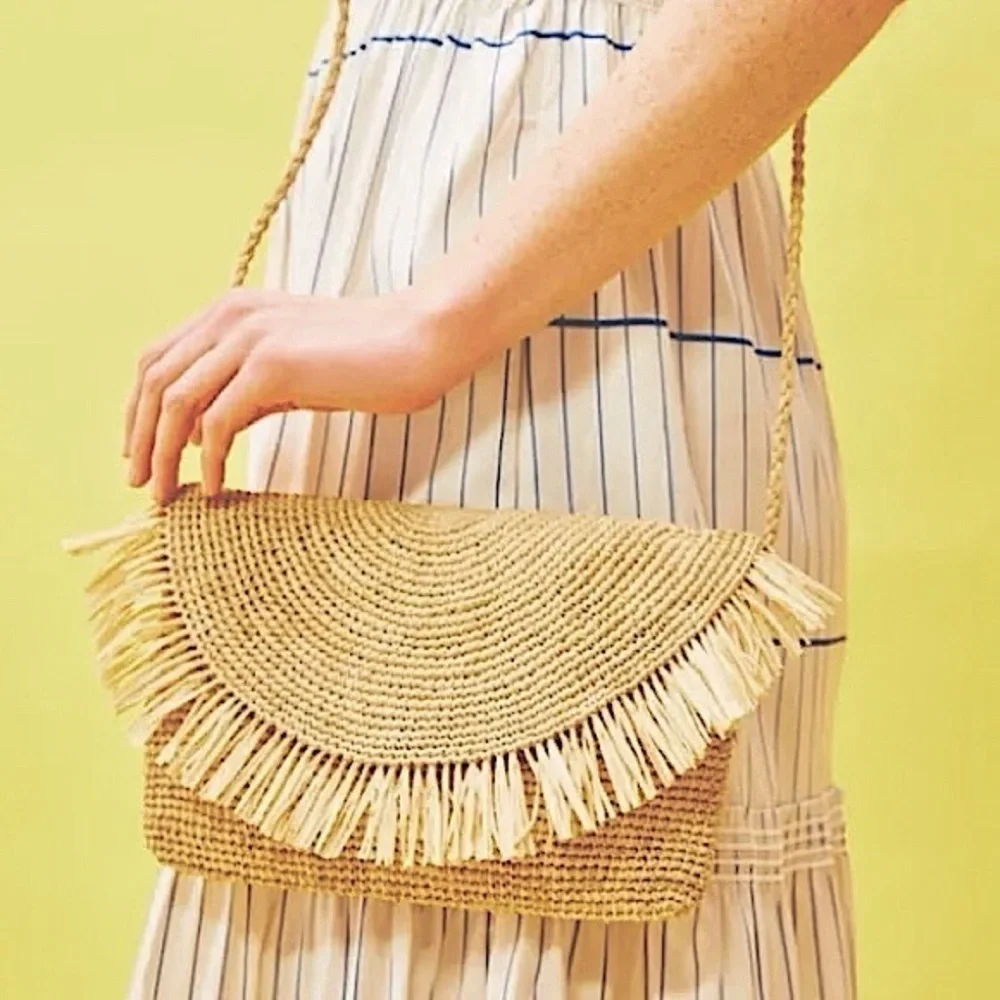 Mar Y Sol Raffia Crossbody Bag Tan Woven Fringe Straw Boho Beach